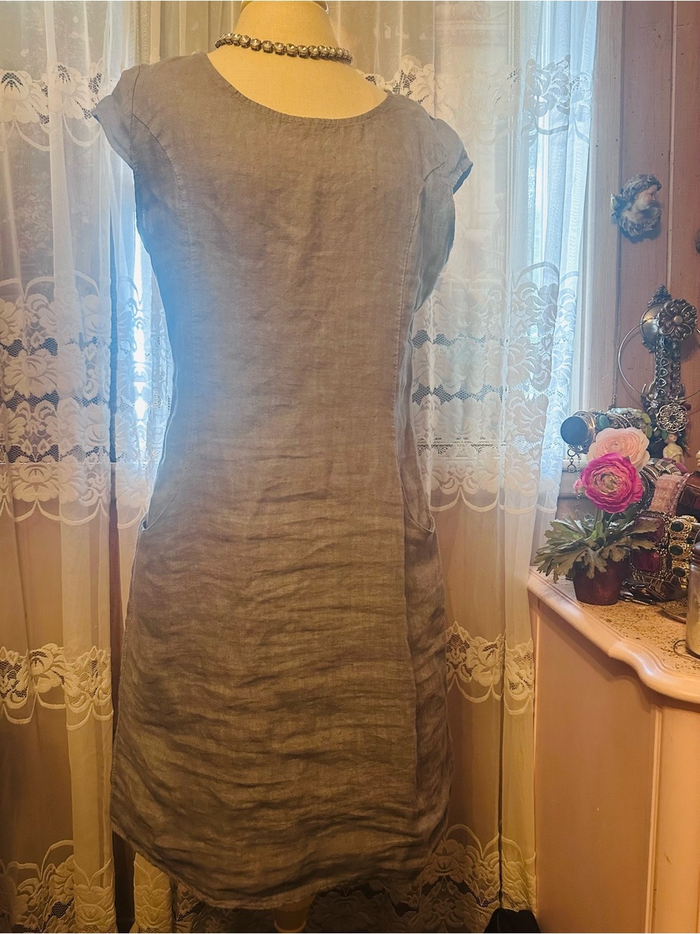 Women's Grey Made in Italy Linen Midi Shift Dress M